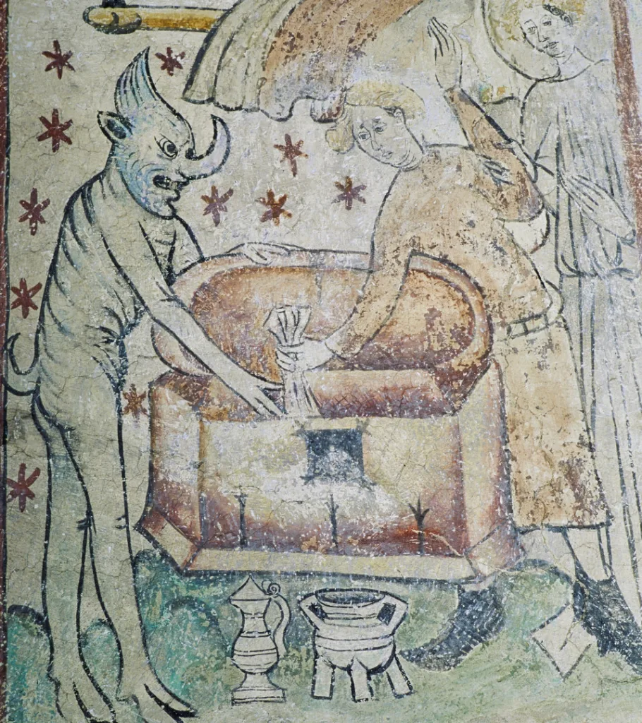 A young man trying to snatch a bag from a treasure chest. The Devil is egging hin on and an angel is trying to hinder him.