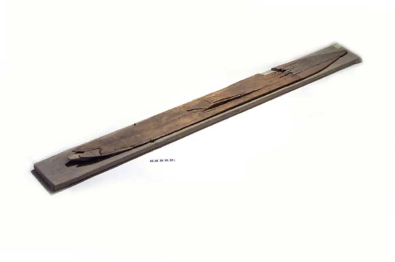 A wooden ski with two pointed ends.