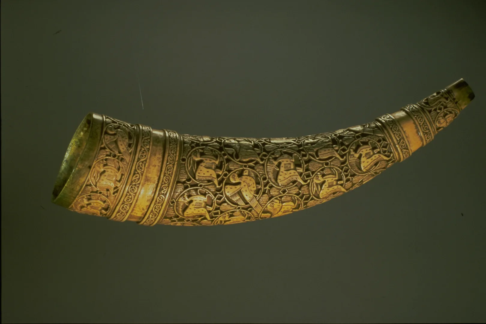 Signal horn of carved elephant ivory.