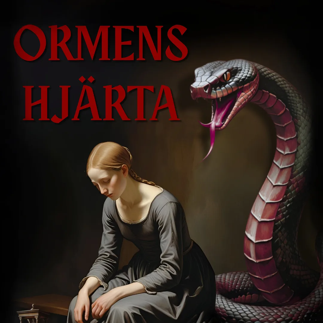 En ai-genererad bild på en kinna som sitter lutad framåt med sina händer i knäet. Bakom syns en stor orm. Högst upp i rött texten "Ormens hjärta".