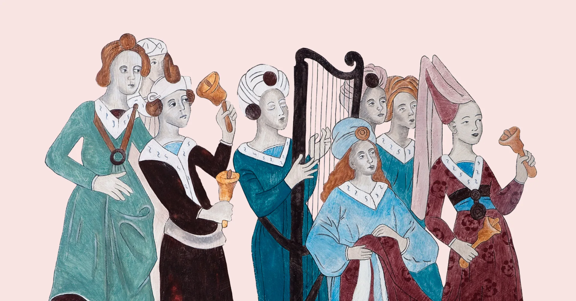 Illustration av personer i medeltida kläder och medeltida instrument.