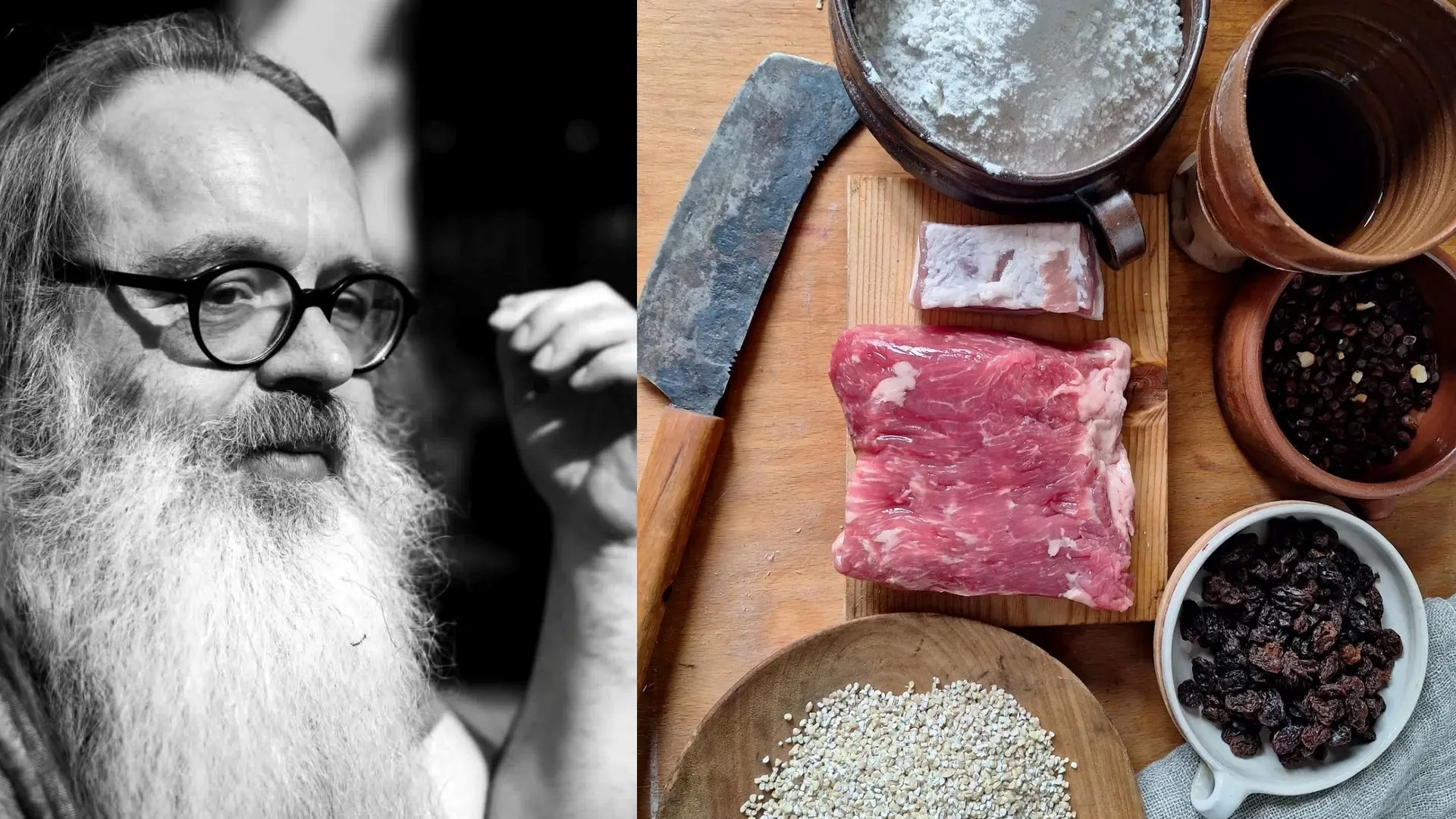 Kollage med bild på Daniel Serra och mat på en skärbräda.