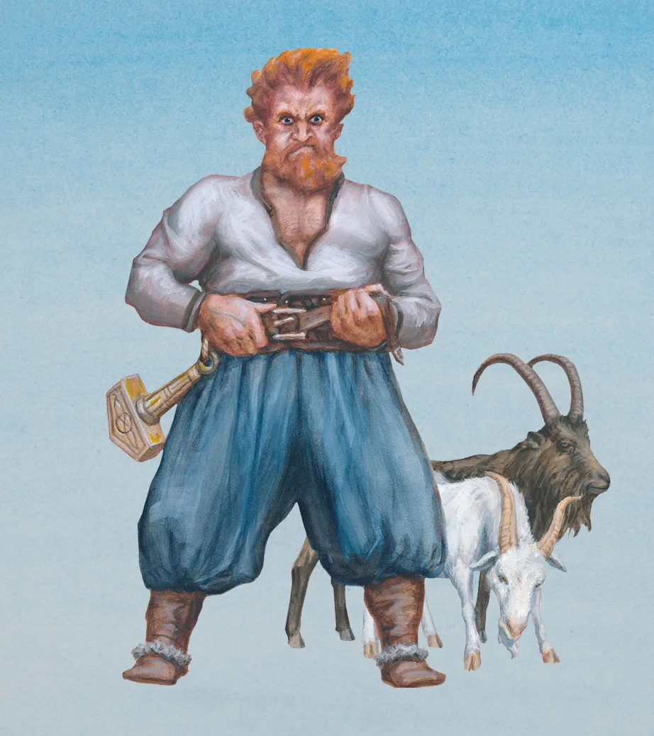 Illustration of Thor with a hammer and goats