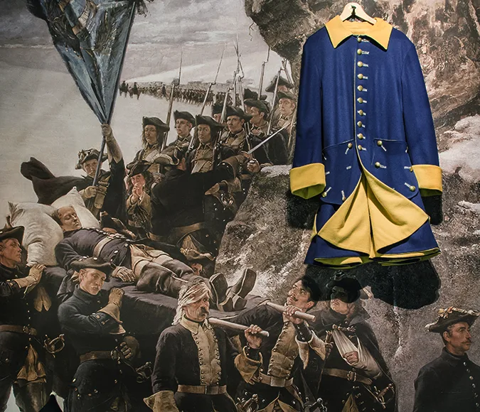 Blue and yellow army coat.
