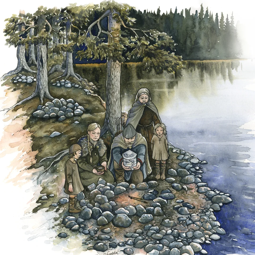 Illustration av forntida vuxna och barn på en udde.