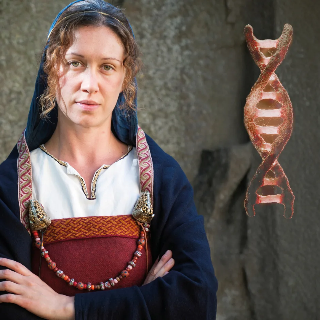 Kvinna i vikingatida kläder och DNA-sträng.