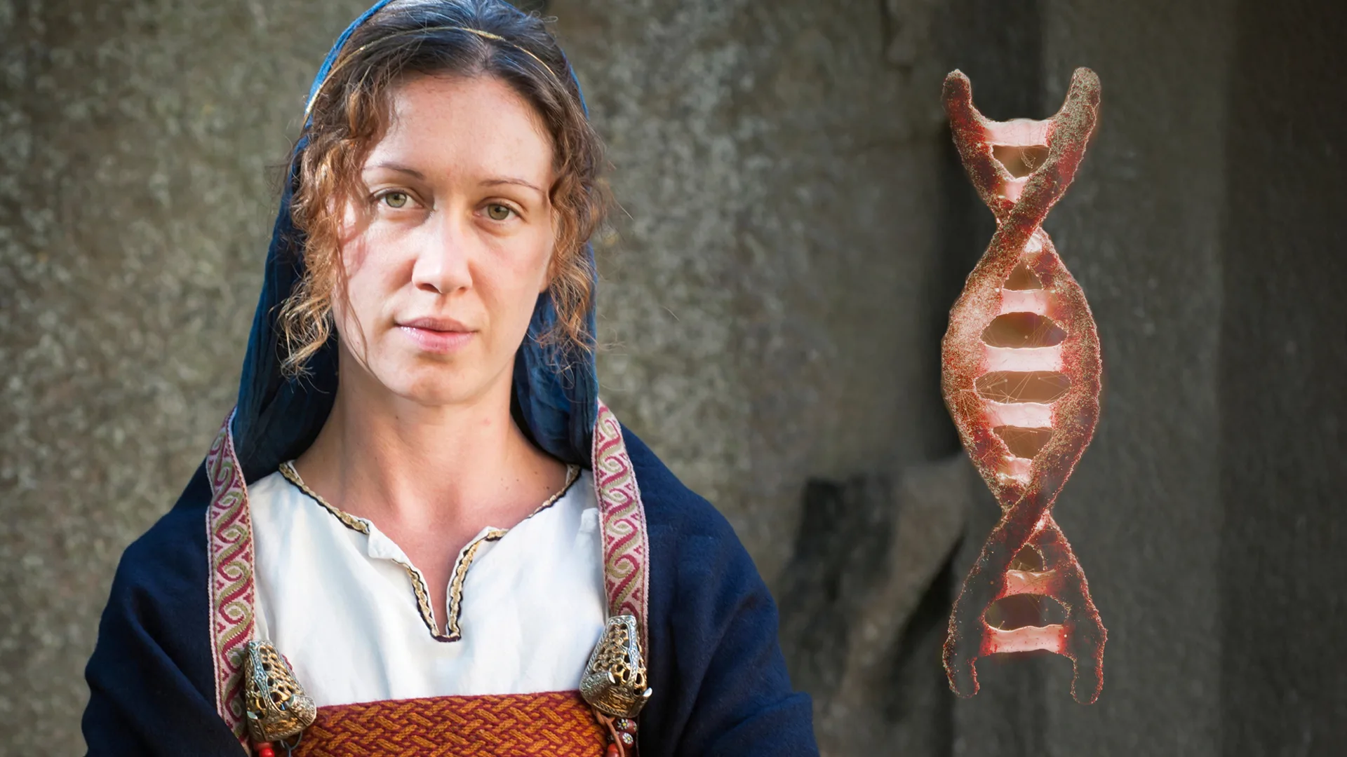 Person i vikingatida kläder/ DNA-sträng