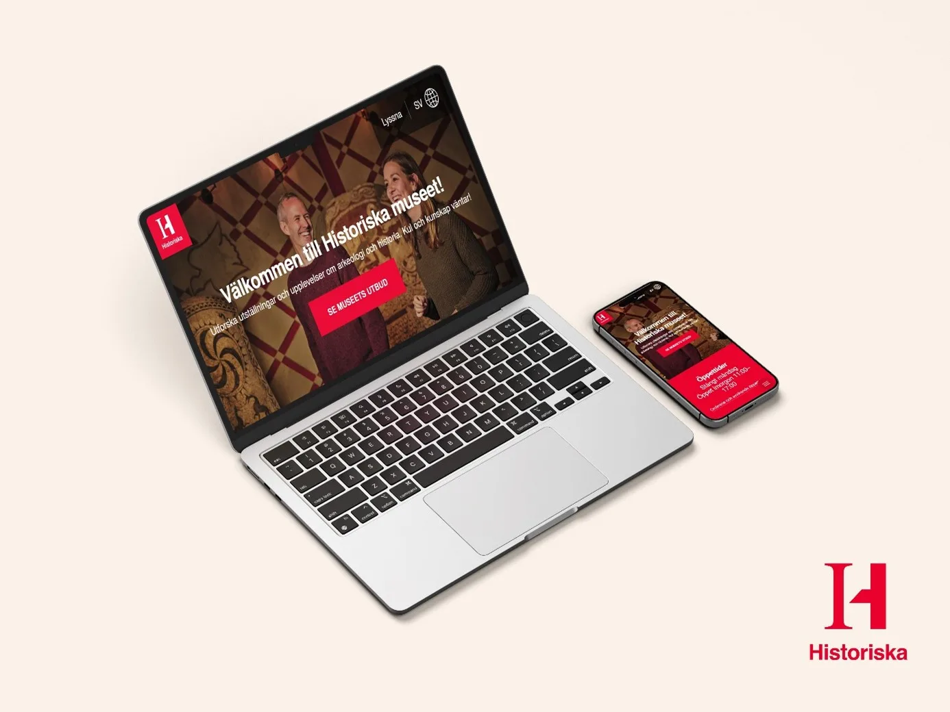 Dator och mobil som visar Historiska museets nya webbplats