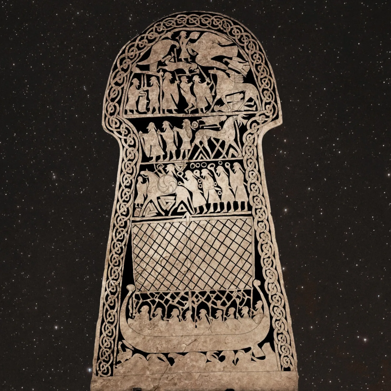 Bildsten som visar människor i ett vikingaskepp,