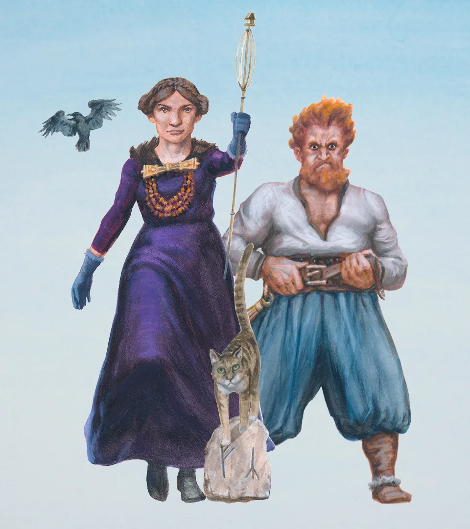 Thor and Freya with a cat and crow