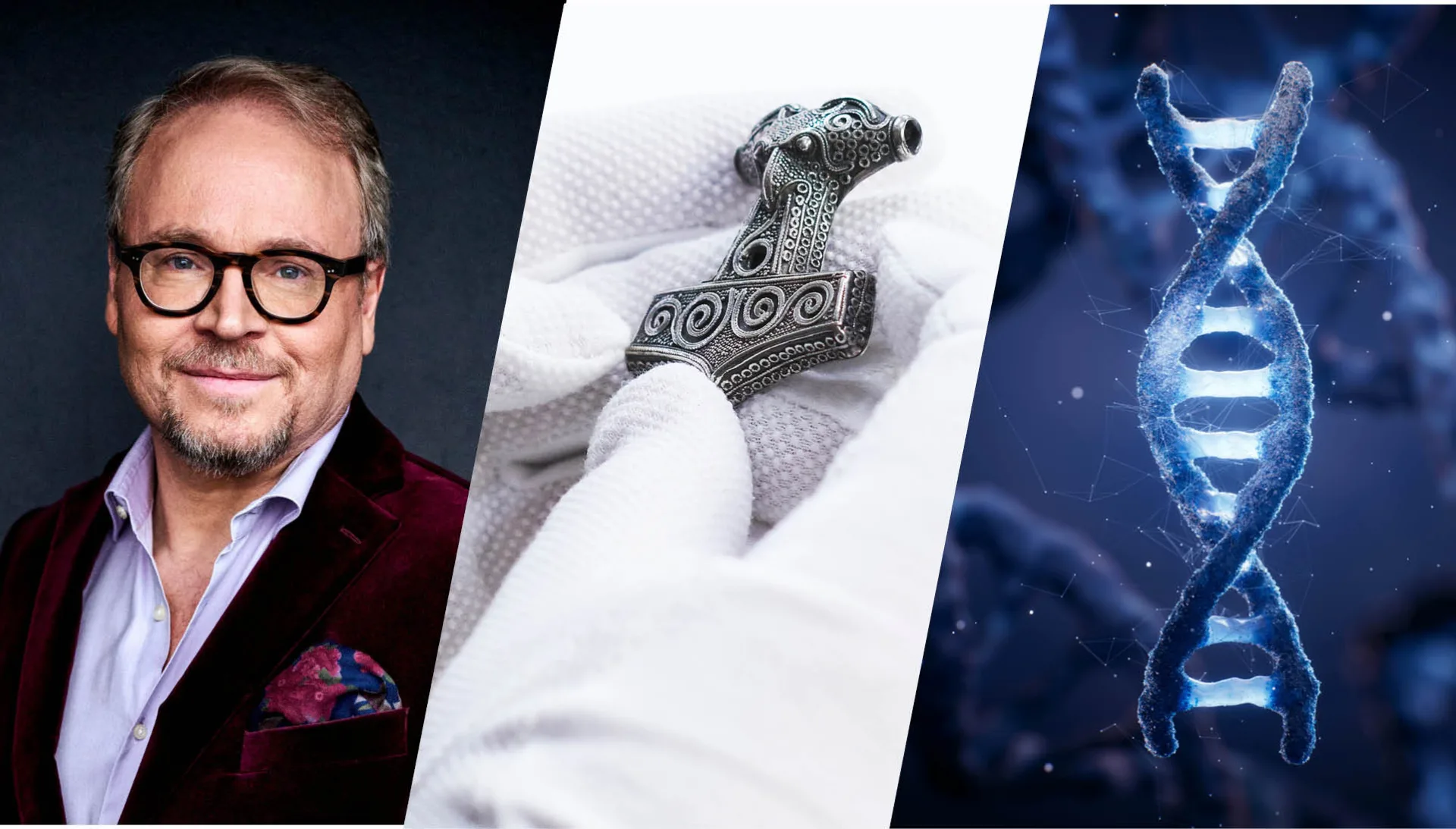 Kollage med Fredrik Lindström, en torshammare och DNA