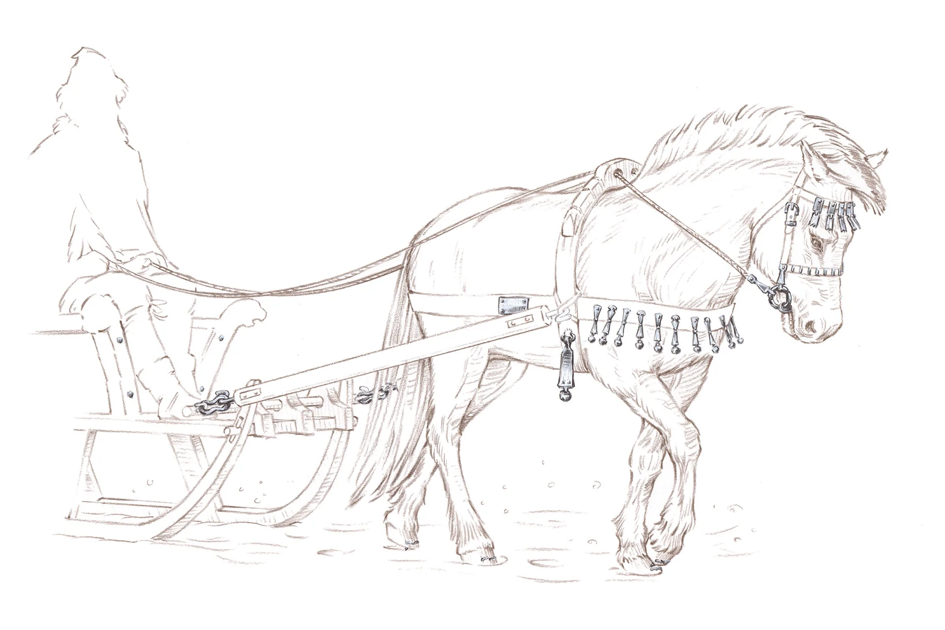 Illustration of horse with decorative elements pulling a sleigh