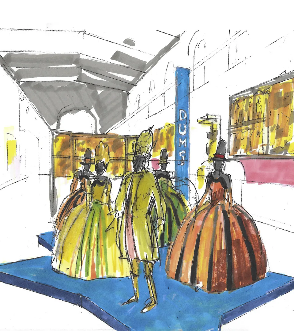 Illustration of colorful dresses in a large room
