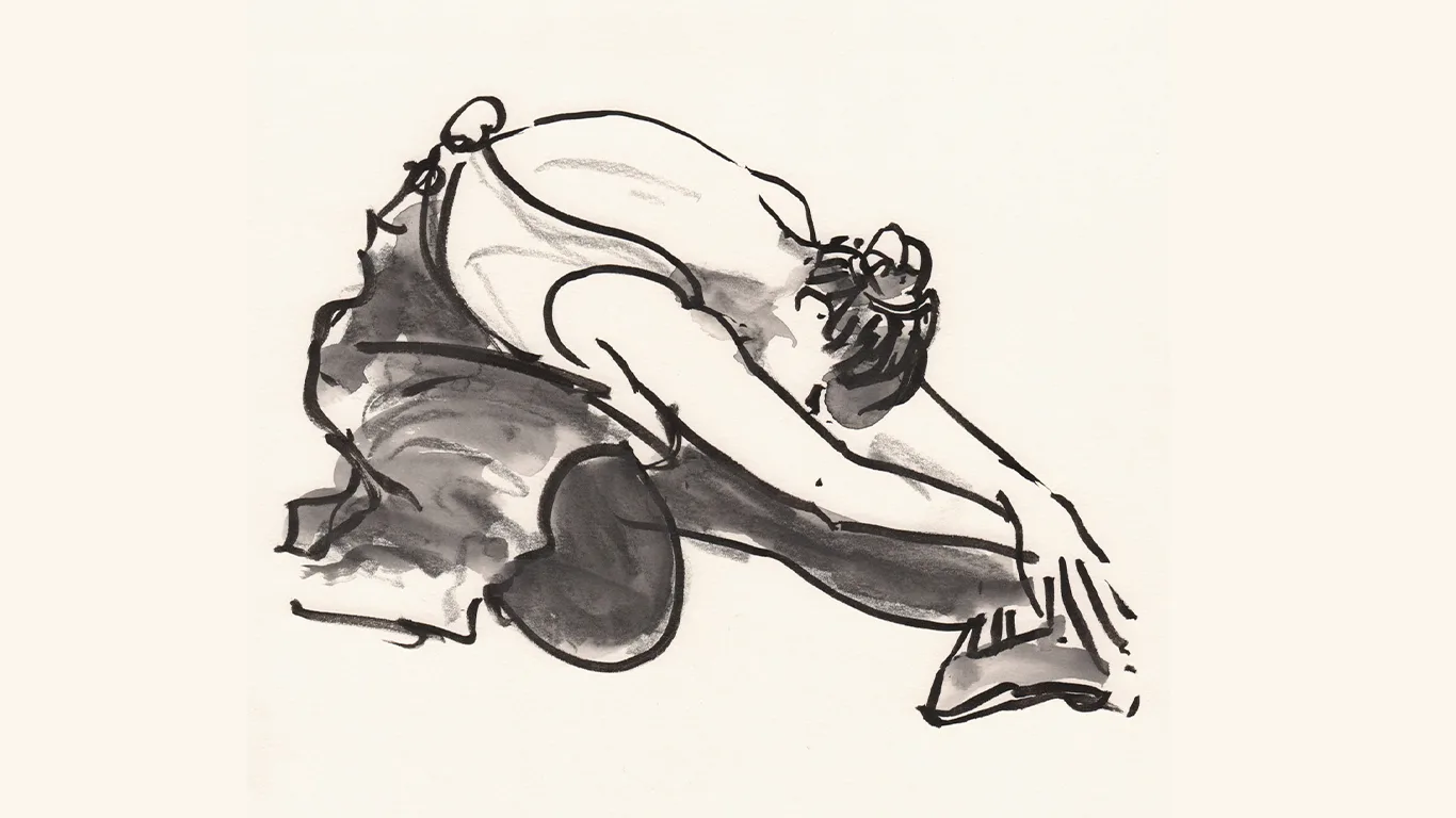 Illustration dansare böjer sig ner mot ett ben
