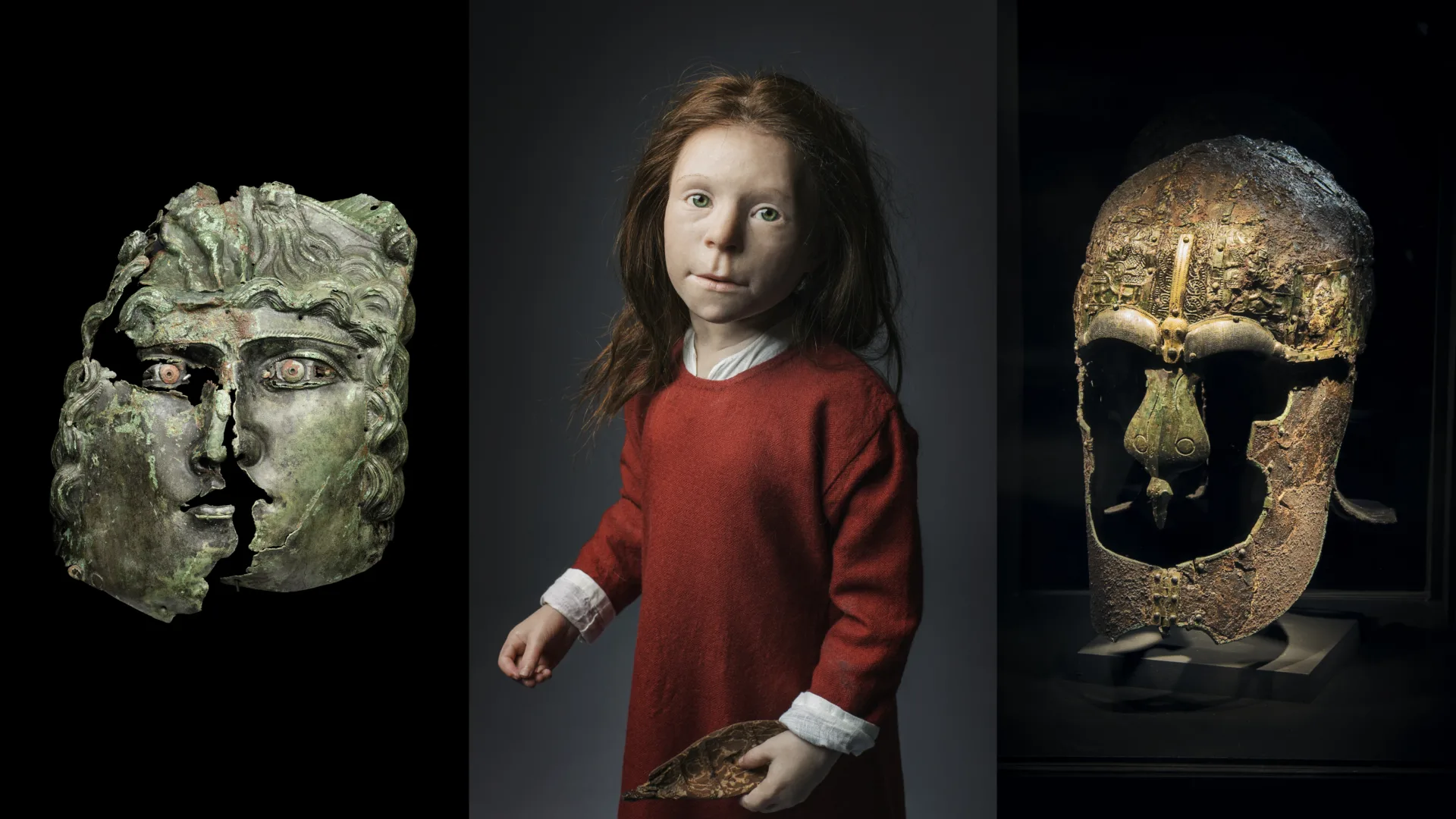 Collage med en mask, en docka och en forntida hjälm