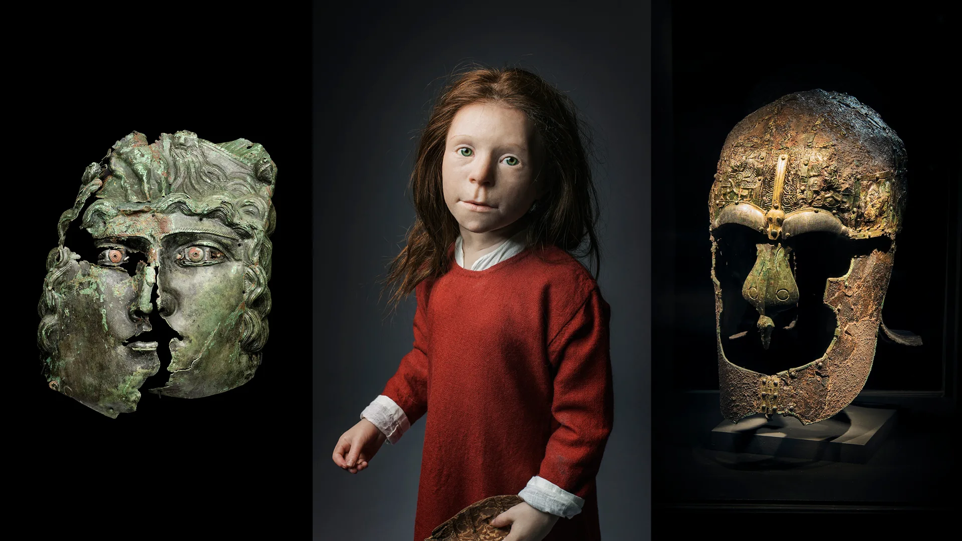Collage iwth a mask, helmet and wax figure