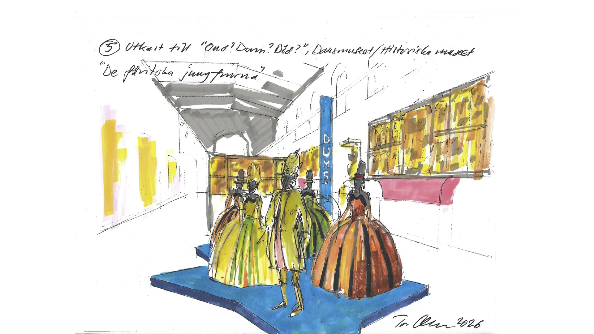 Illustration colorful dresses in a room